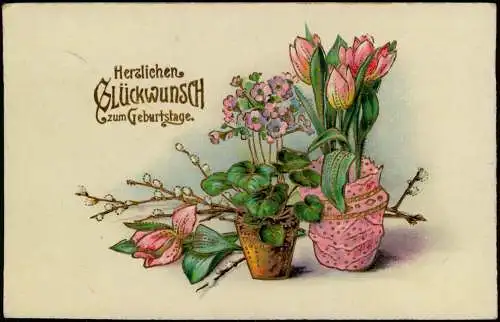 Glückwunsch Geburtstag Birthday Blumen in Töpfen 1916 Goldrand