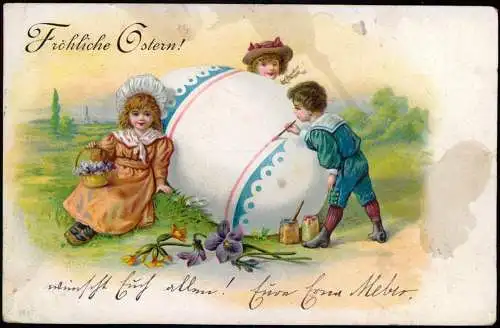 Ostern / Eastern Mädchen und Jungen bemalen Riesen-Osterei 1902