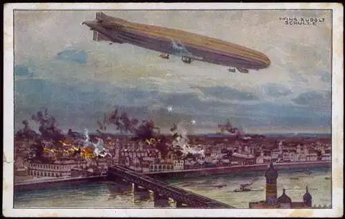 Warschau Warszawa Zeppelin bombardiert WK1 Militaria Künstlerkarte 1917