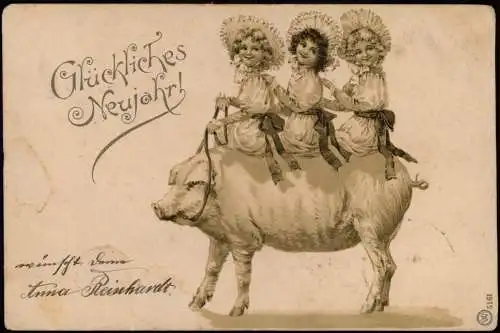 Neujahr Sylvester New Year drei Mädchen in Spitzen reiten auf Glücksschwein 1902