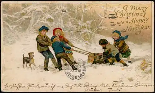 Weihnachten - Merry Christmas Kinder ziehen Baumstamm Künstlerkarte USA 1902