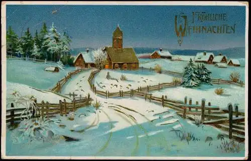 Ansichtskarte  Weihnachten Christmas Dorf und Kirche im Winter 1911 Goldrand