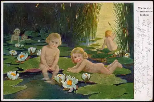 Kinder Künstlerkarte Seemärchen Wenn die Wasserrosen blühen 1924