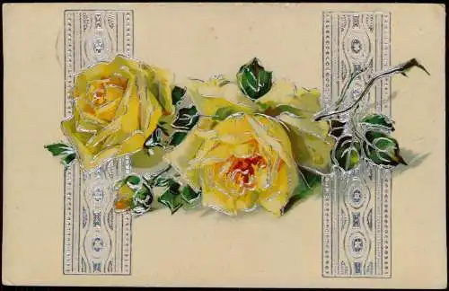 Botanik :: Blumen Flower Prägekarte gelbe Rosen 1913 Silberrand