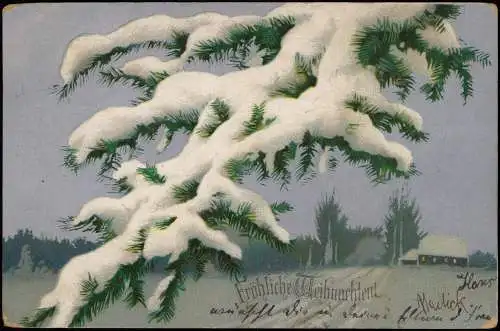 Weihnachten Christmas Tannenzweig mit Schnee vor Dorf 1904 Silber-Effekt