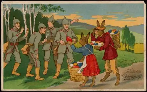 Ostern Easter Osterhase verteilet Eier an Soldaten Militaria WK1 1918