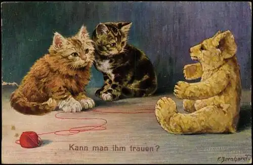 Ansichtskarte  Künstlerkarte süße Katzen Kätzchen vor Teddybär 1914