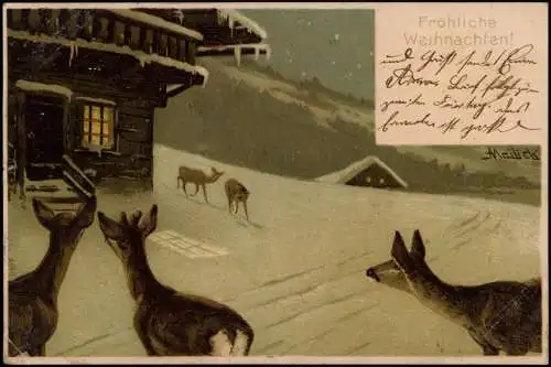 Weihnachten Christmas Künstlerkarte Mailick Rehe vor Haus 1901 Mailick