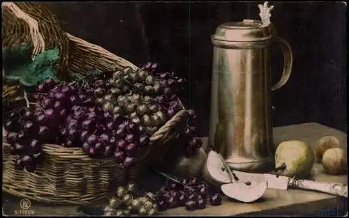 Ansichtskarte  Künstlerkarte Stillleben Johannisbeeren vor Zinnkrug 1910