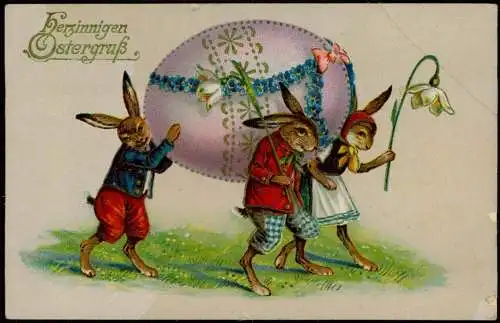 Ansichtskarte  Ostern Easter Osterhasen tragen Riesenei 1910 Goldrand