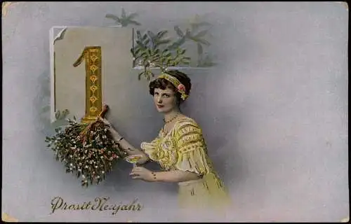 Neujahr Sylvester New Year Prosit Frau mit Mistelzweig Prägekarte 1912 Goldrand