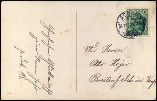 Neujahr Sylvester New Year Prosit Frau mit Mistelzweig Prägekarte 1912 Goldrand