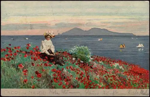 Cartolina Capri Frau im Mohnfeld Blick nach Napoli Neapel 1906