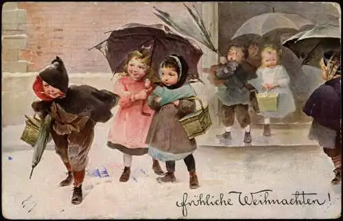 Ansichtskarte  Weihnachten - Christmas Kinder im Sturm Künstlerkarte 1915