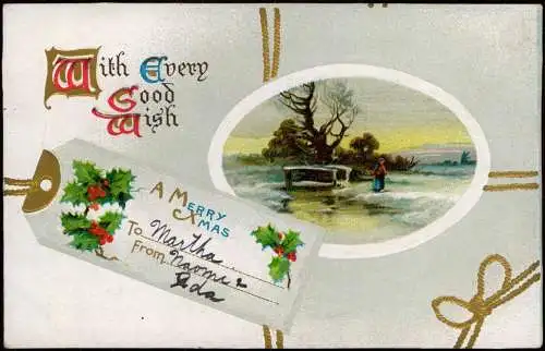 Weihnachten Christmas Paket Mistel Winterlandschaft 1912 Goldrand/Prägekarte