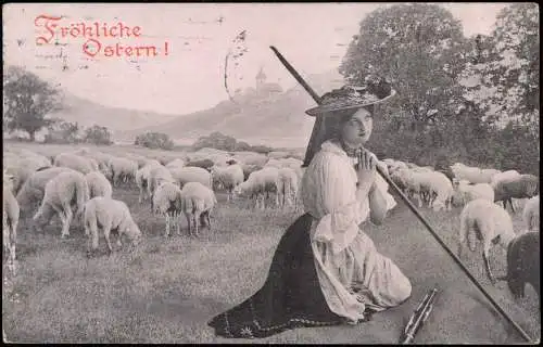 Ansichtskarte  Ostern Easter betende Frau als Schäferin Schafe 1909