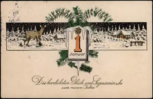 Ansichtskarte  Neujahr Sylvester New Year 1. Januar Reh Winternacht 1913