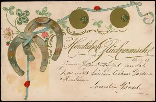 Neujahr Sylvester New Year Hufeisen Kleeblatt Marienkäfer 1903 Gold Prägekarte