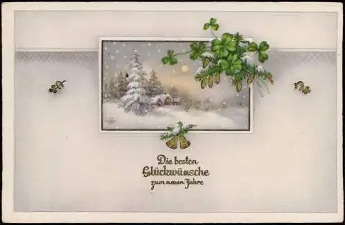 Neujahr Sylvester New Year Winterlandschaft Kleeblätter 1941 Goldprägekarte