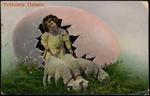 Ansichtskarte  Ostern Easter Mädchen kommz mit Lämmchen aus Osterei 1914