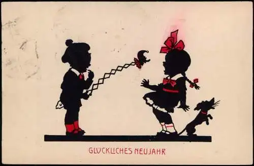 Neujahr Sylvester New Year Schattenschnitt Junge erschreckt Mädchen 1918