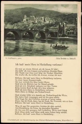 Heidelberg Schloss, Neckar Brücke mit Lied-Text "Herz...verloren" 1930