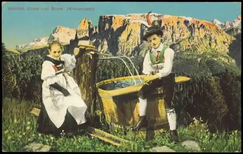 Cartolina Ritten Renon Rittnertracht Junge und Mädchen am Brunnen 1914  Südtirol