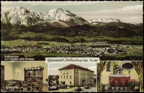 Freilassing 4 Bild Ansichtskarte Stadt Bahnhotel mit Innenansichten 1962