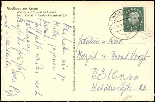 Endersbach-Weinstadt Gasthaus zur Krone Weinstube Schnait im Remstal 1960