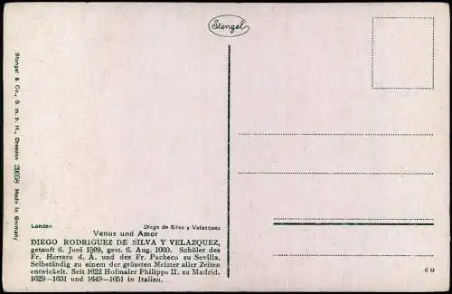 Künstlerkarte: Gemälde Diego de Silva y Velazquez Venus und Amor EROTIK 1912