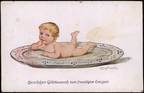 Glückwunsch Geburt eines Kindes Baby auf Teller Künstlerkarte 1932