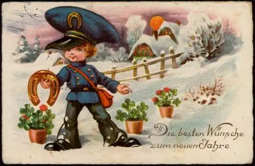 Neujahr Sylvester New Year Junge als Glücksboote Hufeisen Kleeblätter 1931