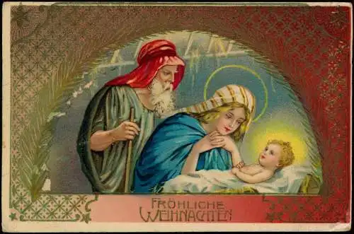 Weihnachten - Christmas Maria Josef Jesuskind Jesus Palmzweige 1913 Goldrand