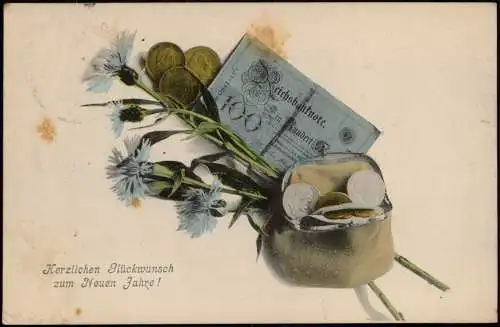 Ansichtskarte  Neujahr Sylvester New Year Geldschein Münzen Kornblume 1908