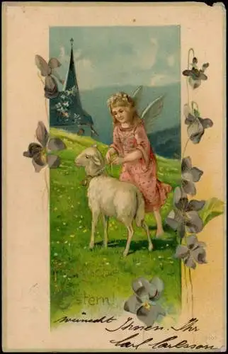 Ansichtskarte  Motiv: Engel Angel Ostern Easter Lamm GOLD 1903 Goldrand