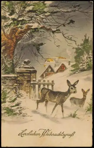 Ansichtskarte  Weihnachten - Christmas Rehe vor der Stadt bei Mondschein 1914