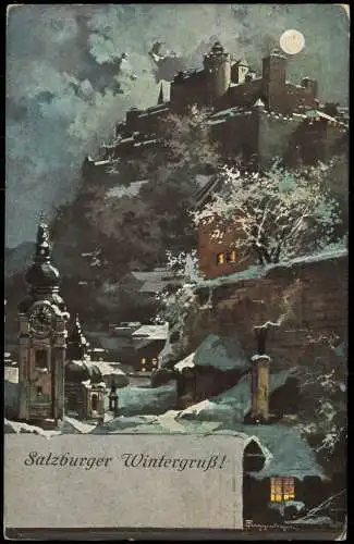 Ansichtskarte Salzburg Wintergruß Künstlerkarte Mondschein Schnee 1910