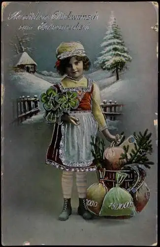 Neujahr Sylvester New Year Mädchen Kleeblätter Geldsäcke 1915 Silberrand