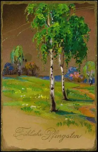 Ansichtskarte  Pfingsten Pentecost Birken Frühling 1916 Goldrand