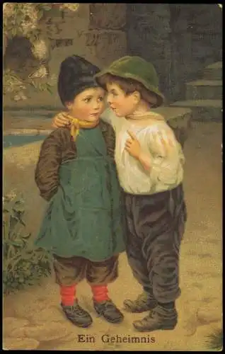 Ansichtskarte  Kinder Künstlerkarte Jungen - Ein Geheimnis 1914