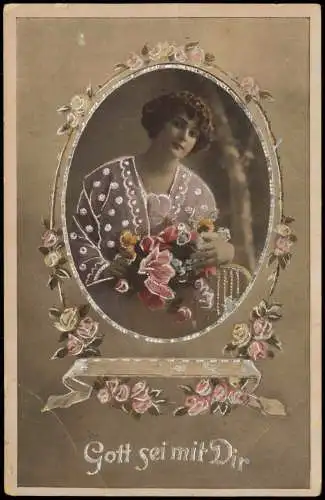 Ansichtskarte  Künstlerkarte Frau im Medaillon Rosen 1926 Silberrand