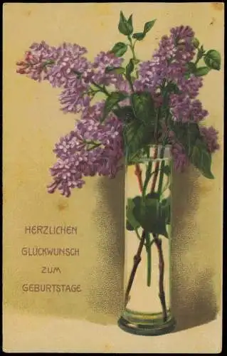 Ansichtskarte  Geburtstag Birthday Flieder in eleganter Vase 1915 Prägekarte