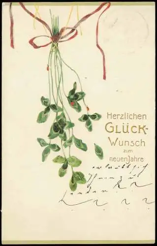 Neujahr Sylvester New Year hängender Klee JUGENDSTIL 1906 Prägekarte