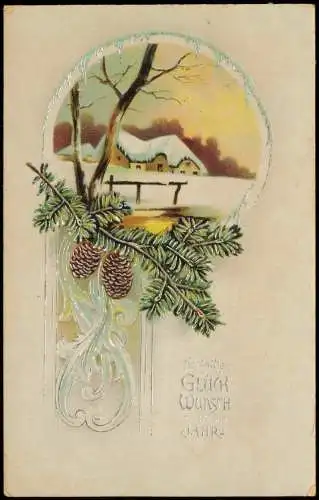 Ansichtskarte  Weihnachten - Christmas Tannenzweig Landschaft 1919 Silberrand