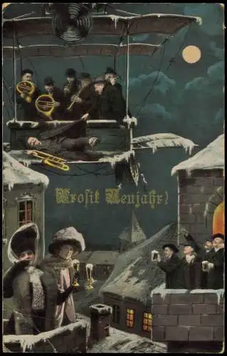 Ansichtskarte  Neujahr Sylvester New Year Feiernde und Musikband Flugzeug 1915