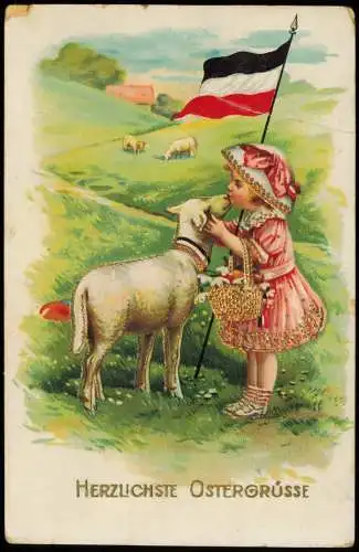 Ansichtskarte  Mädchen küsst Lamm Ostern Easter Patriotika 1917 Goldrand