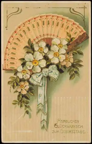 Ansichtskarte  Geburtstag Birthday Blumen vor Fächer 1913 Goldrand