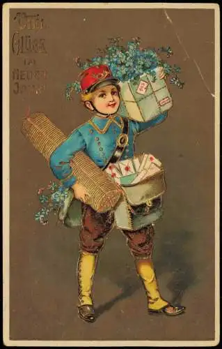 Neujahr Sylvester New Year Junge Postbote Veilchen Gold 1913 Goldrand