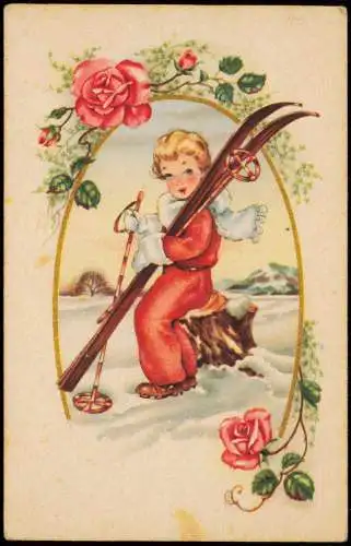 Ansichtskarte  Kinder KünstlerkarteMädchen roter Anzug Rosen SKI 1926