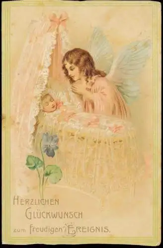 Glückwunsch Geburt eines Kindes Birth Engel Angel Wiege 1906 Prägekarte